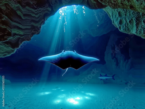 Obraz na płótnie A large blue stingray is swimming in a cave. The cave is illuminated by sunlight, creating a peaceful and serene atmosphere w salonie
