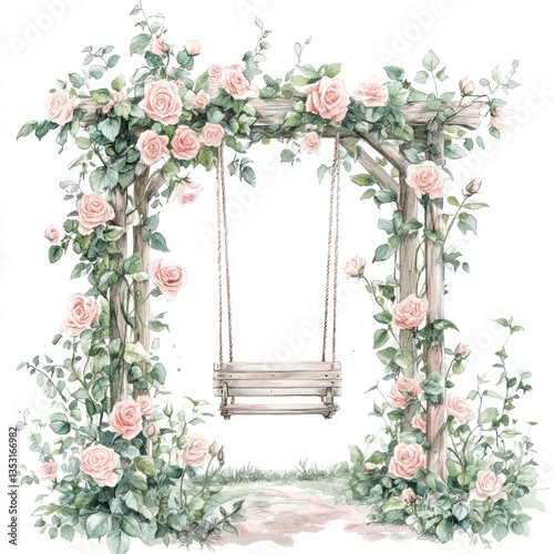 A wooden swing hanging in a garden of pink roses