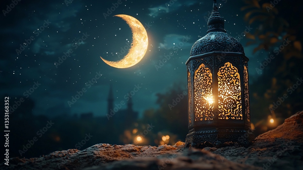 Glowing lantern under crescent moon at night.