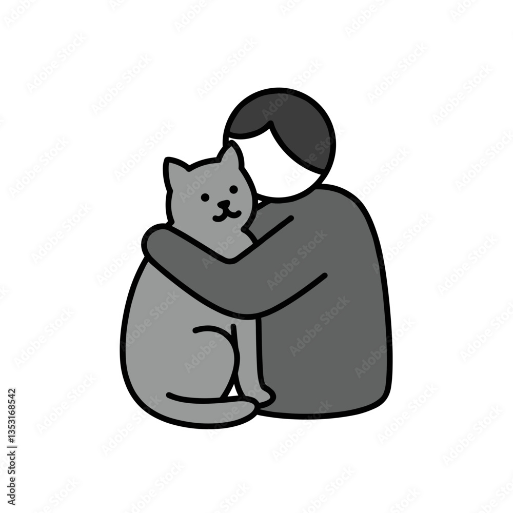 Minimalist Black, Gray & White Vector Icon: Person Hugging a Pet Affectionately - Modern Flat Design, Transparent Background, Animal Companionship Concept Minimalist Black, Gray & White Vector Icon: Person Hugging a Pet Affectionately - Modern Flat Design, Transparent Background, Animal Companionship Concept