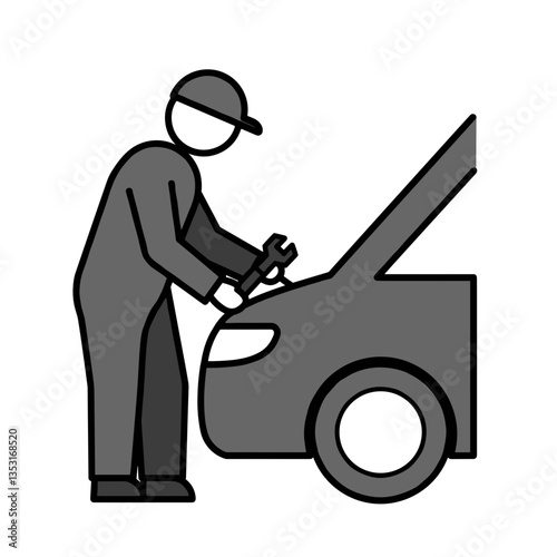 Concise Flat Vector Icon: Person Fixing a Car with Wrench - Minimalist Black, Gray & White Design, Transparent Background, Auto Repair Concept 