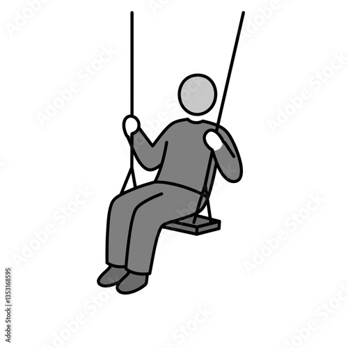 Modern Vector Icon: Person on a Swing Joyfully Swinging - Minimalist Flat Design, Black, Gray & White, Transparent Background, Carefree Concept
