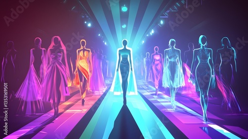 Futuristic Light Room Holographic Fashion Show Virtual Model Display Concept