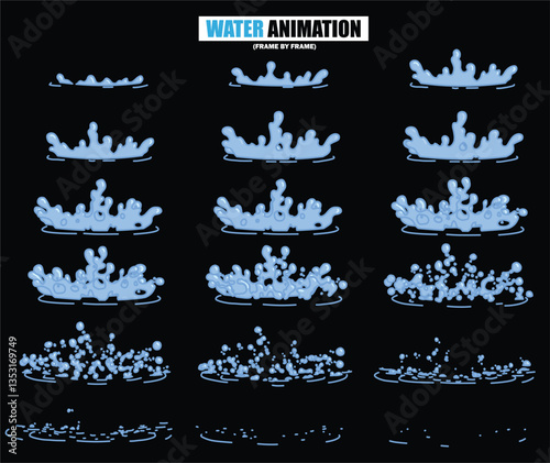 animation sprite sheet of water splash, liquid splashes, dripping water, ripples animation, fountain water fall animation, liquid water explosion, sprite sheet of water, splash effect