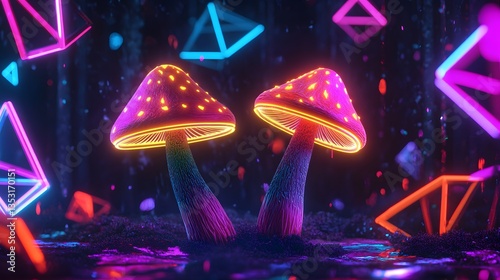 Colorful VJ Loop with Neon Glowing Mushrooms - Abstract Motion Graphics Background