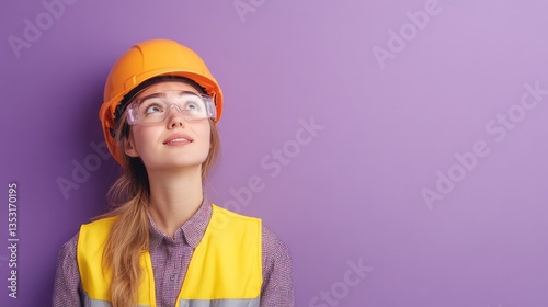Woman in hardhat and safety glasses looks upward hopefully