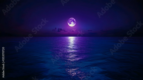 Purple moon rising over calm ocean at night; serene seascape