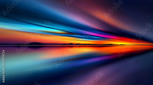 Vibrant sunset over calm sea, mirrored reflection, peaceful landscape, ideal for travel brochures