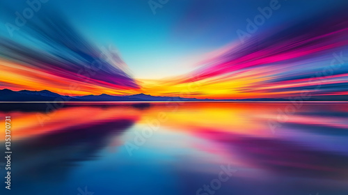 Vibrant sunset over calm lake, mountain backdrop, peaceful scene, ideal for travel brochures