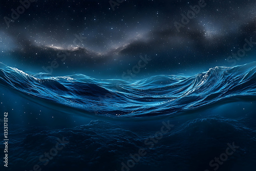 Night ocean waves under starry sky, calm sea surface, underwater view, background for travel
