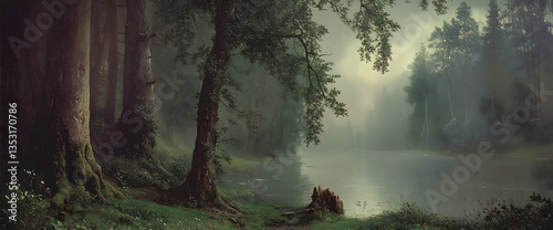 Misty forest lake, tranquil scene, nature background, wallpaper