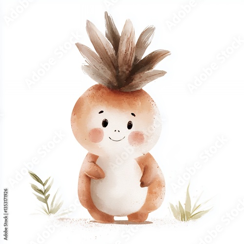 Adorable Watercolor Cartoon Creature with Pineapple Top photo