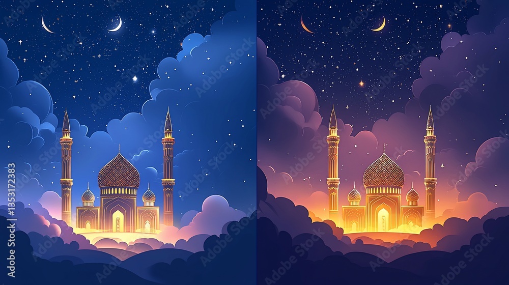 Night scene of a illuminated mosque among clouds and stars.