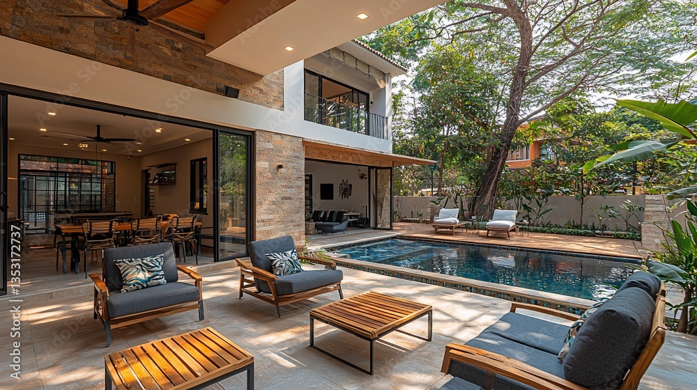 Luxurious modern home with pool, patio furniture, and open floor plan.