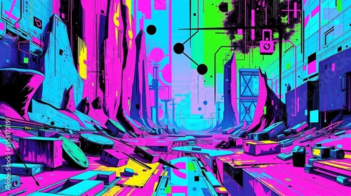 Vibrant Glitch Art Landscape - Digital Painting with Distorted Textures and Pixelated Elements