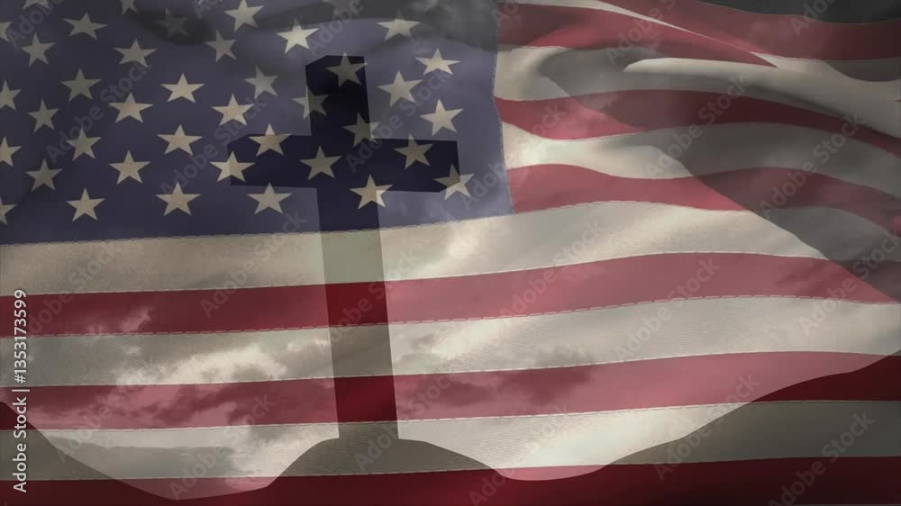 Waving American flag with cross silhouette against cloudy sky backdrop animation
