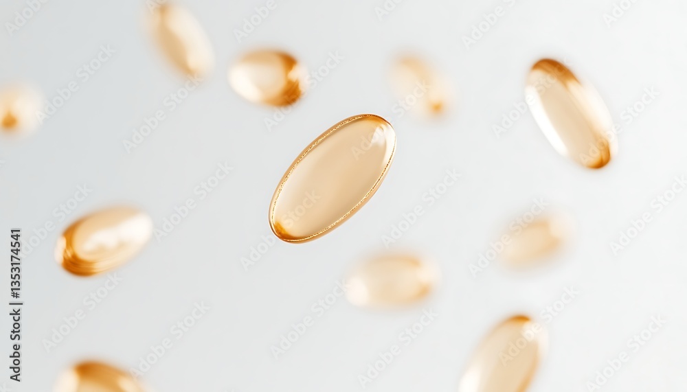 Floating capsules Vitamin E dramatically suspended over a white background, emphasizing health and wellness Floating capsules Vitamin E dramatically suspended over a white background, emphasizing health and wellness