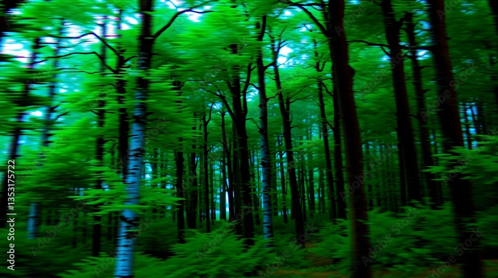 Naklejka premium Digital Glitch Art of a Distorted Forest in Photorealistic Style with Deep Greens and Blues
