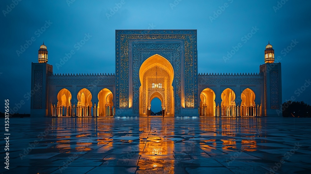 Illuminated mosque at night, reflecting in wet plaza.