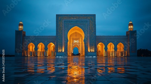 Illuminated mosque at night, reflecting in wet plaza.