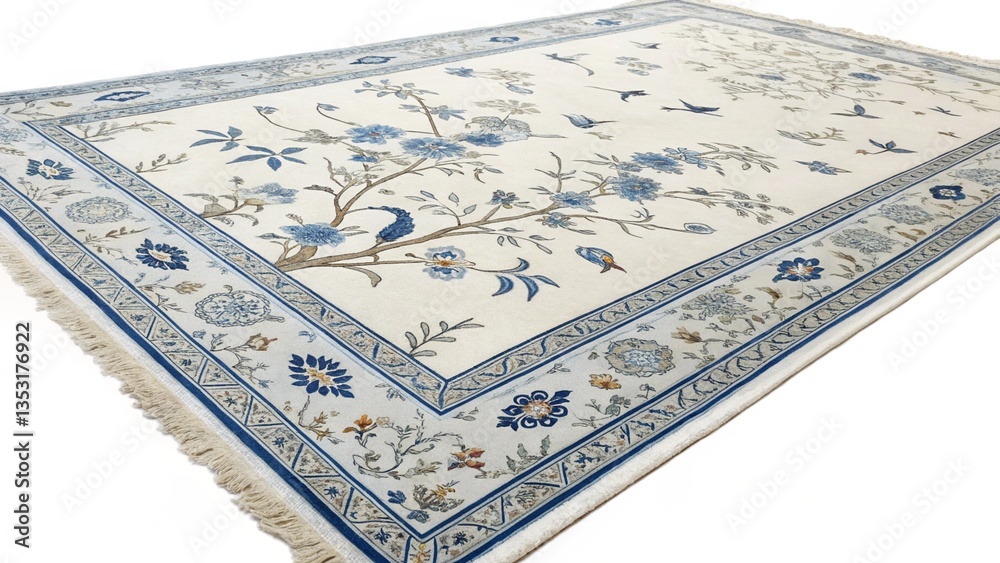 Obraz premium A close-up of a Nain 9La carpet with a cream background and blue floral patterns, showcasing a traditional Persian rug. 