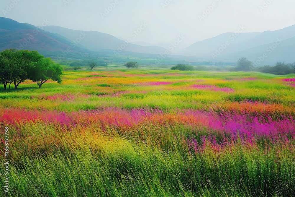 Fototapeta premium Field of Tall Grass with Traces of Holi Colors