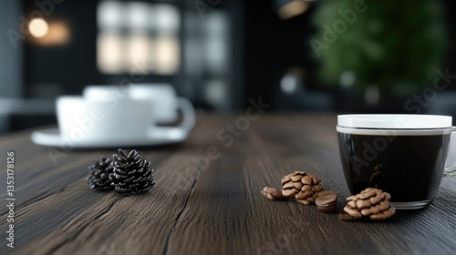 Dark coffee, cozy cafe ambiance.  Two white coffee cups, a glass cup of dark coffee, pine cones and coffee beans on a wooden table.  photo