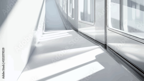 The image shows a minimalist interior space with large glass windows. Sunlight streams through the windows, casting long shadows on the white floor and walls.  The architectural design features