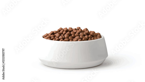 A white, ceramic bowl filled with brown, small, cylindrical pieces of pet food is shown against a plain white background. The bowl is slightly wider at the top than at the base and has a clean,