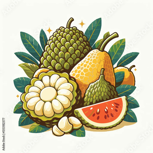 breadfruit, food, background, fresh, nature, tropical, plant, leaf, healthy, fruit, organic, natural, green, exotic, garden, sweet, delicious, vegetarian, agriculture, white, foliage, summer, illustra