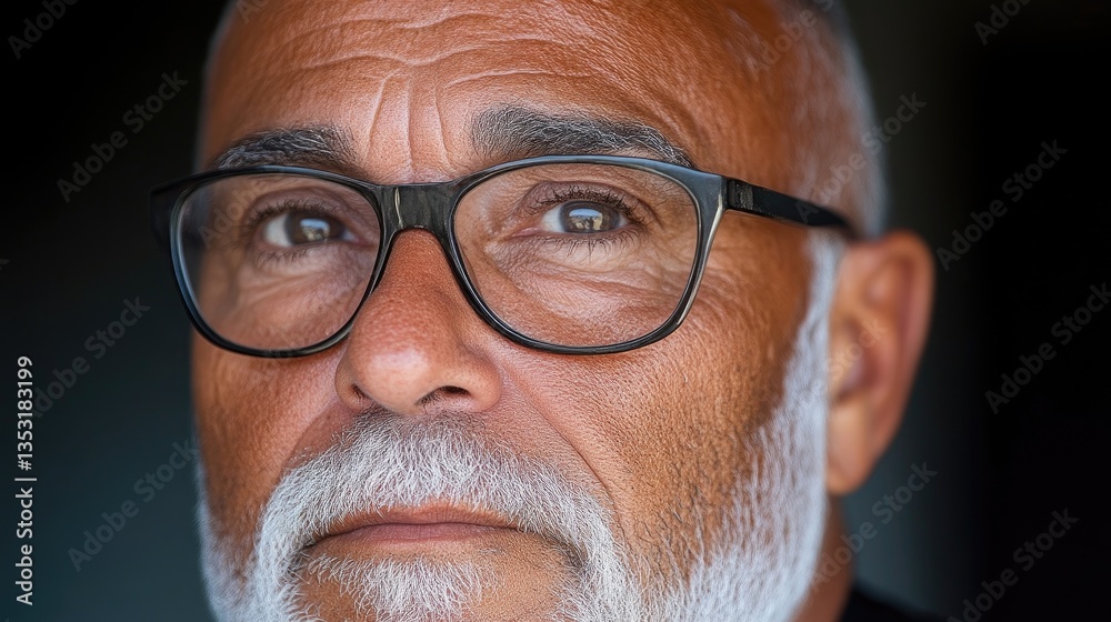 Close-up portrait of a mature man with glasses and a gray beard, serious expression Close-up portrait of a mature man with glasses and a gray beard, serious expression