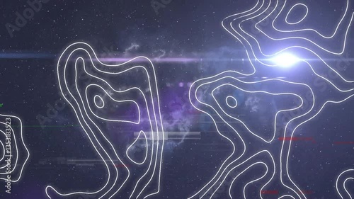 Animation of white contour lines over cosmic background with purple and blue hues