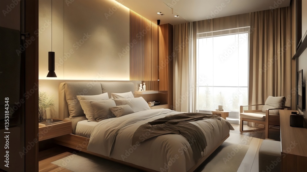 Fototapeta premium Luxurious Interior Design of a Penthouse Bedroom 
