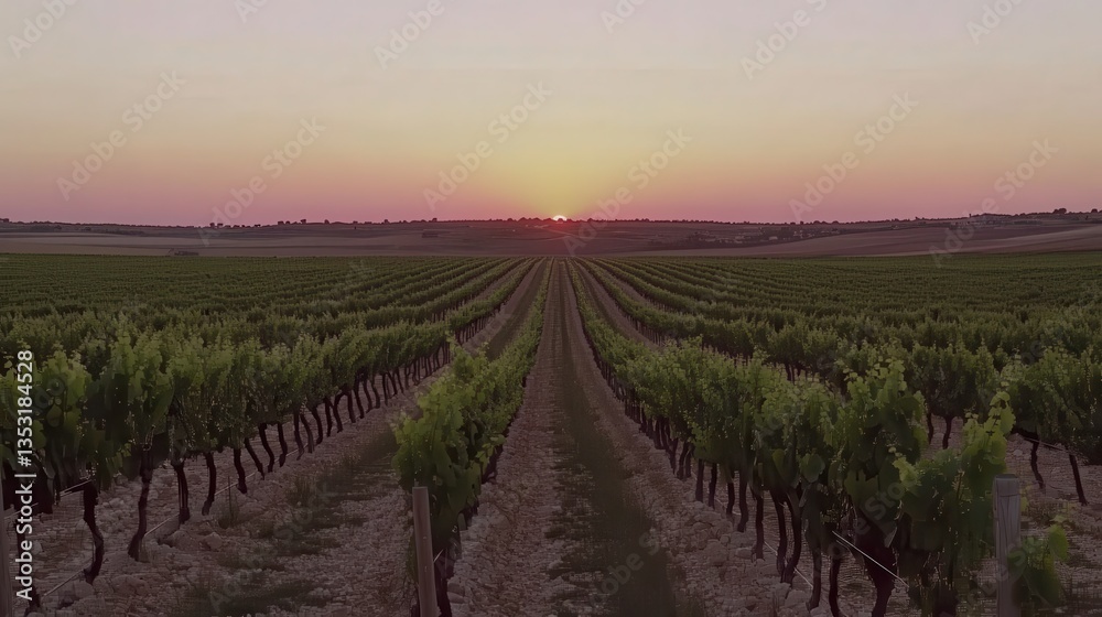 Fototapeta premium Sunset over French Vineyard Rows of Grapes at Dusk.