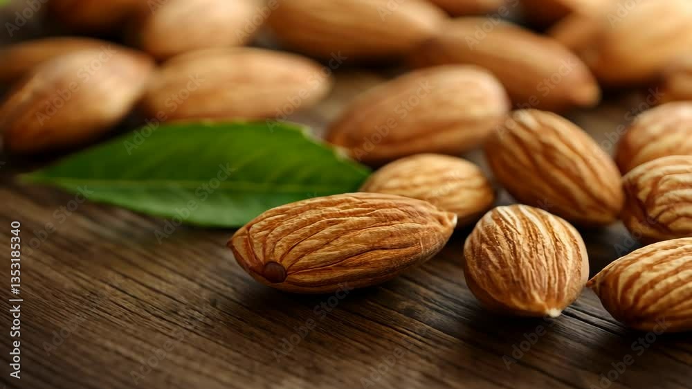 Various almonds resting on a rustic wooden surface with green leaves in natural lighting