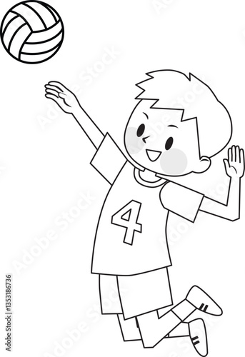 Line drawing of a boy playing volleyball. Spiking, jumping, Vector Illustration.