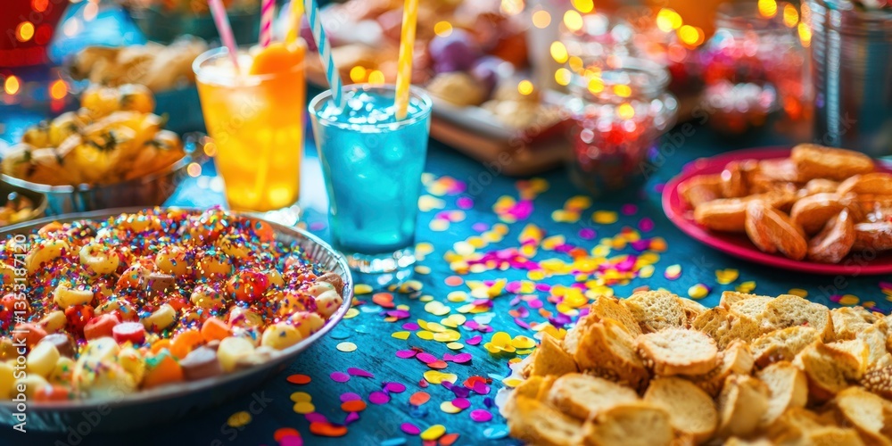 Fototapeta premium A close-up of a table filled with party snacks, drinks, and colorful confetti, setting the mood for a fun celebration