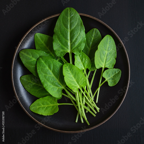 Fresh spinach leaves arranged on a black plate