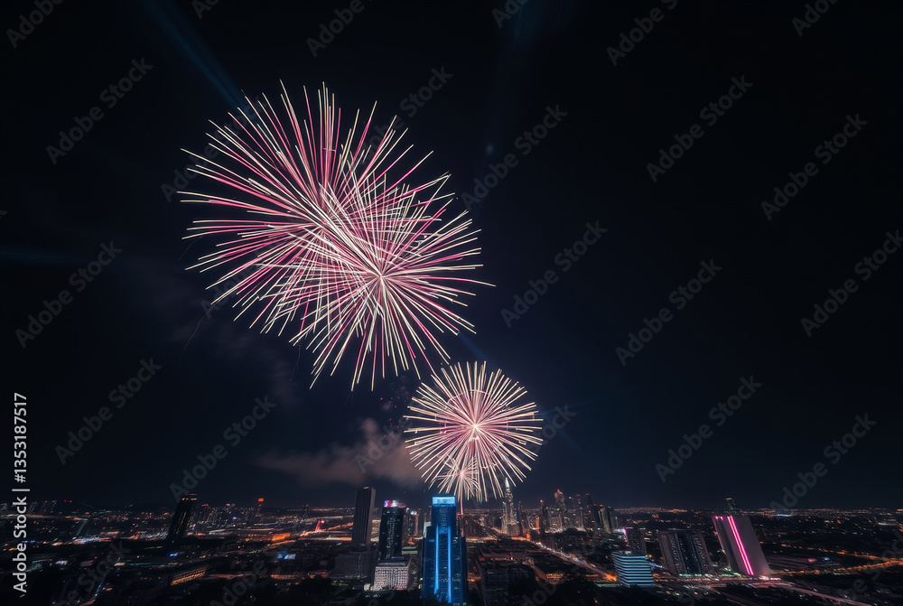 vibrant fireworks above night city, bright lens flare, light streaks, dramatic lighting vibrant fireworks above night city, bright lens flare, light streaks, dramatic lighting