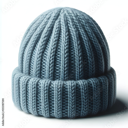 Blue Knitted Beanie Hat isolated white background.