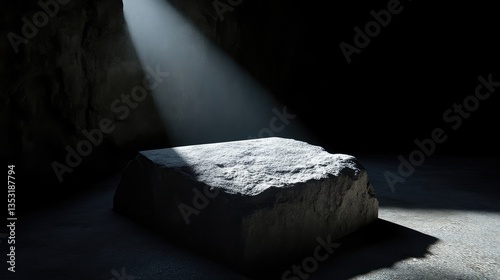 Dark cave, stone pedestal, spotlight