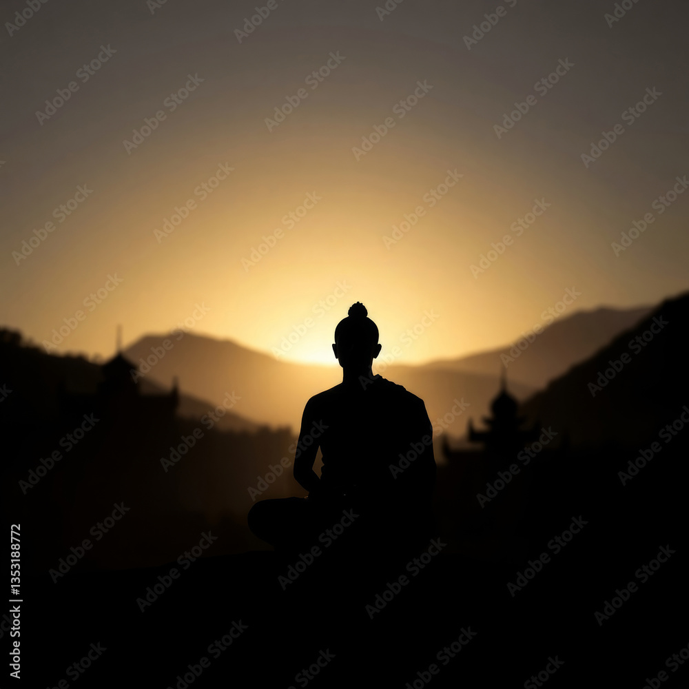 Buddhist monk in lotus position, surrounded by thick fog in a mountainous landscape, a temple barely visible, gentle and soothing atmosphere Buddhist monk in lotus position, surrounded by thick fog in a mountainous landscape, a temple barely visible, gentle and soothing atmosphere