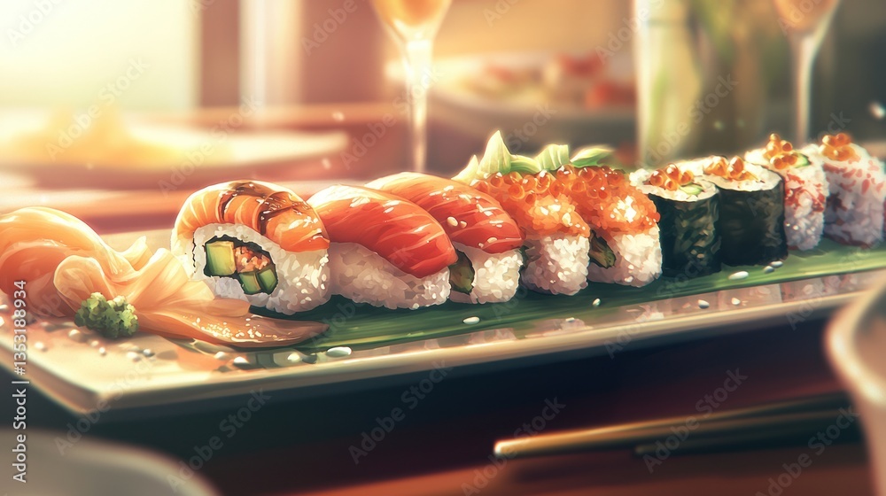 A beautifully plated dish of sushi, representing traditional Japanese cuisine.