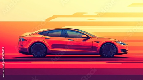 Orange electric car driving, sunset landscape background