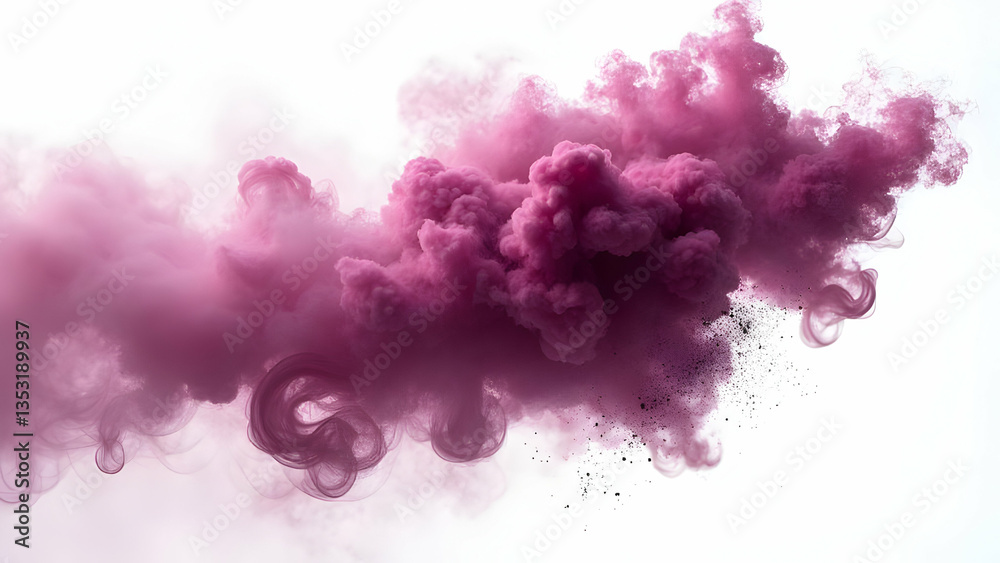 Fototapeta premium Luxurious Smoke Plume of Deep Plum Face Powder Rising Dramatically on Pure White Background