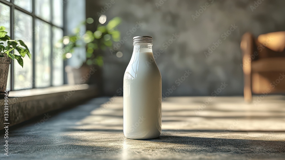 Rustic morning sunlight casts shadows on a table. A milk bottle and glass sit by the window, a plant nearby. Rustic morning sunlight casts shadows on a table. A milk bottle and glass sit by the window, a plant nearby.