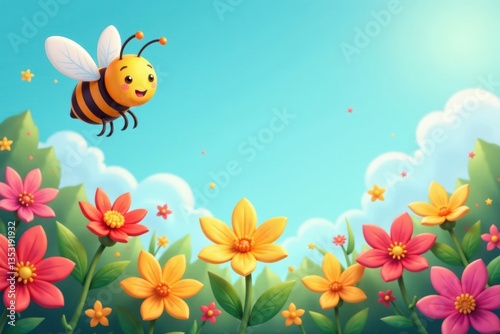 Cartoon bee hovering above a cluster of colorful flowers, insect, cartoon