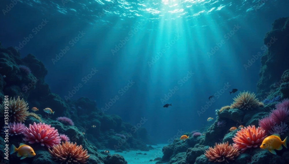 Fototapeta premium Dark blue ocean surface with scattered aquatic life, surface, dark, life