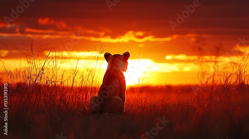 Lioness silhouetted against a vibrant sunset in the African savanna.