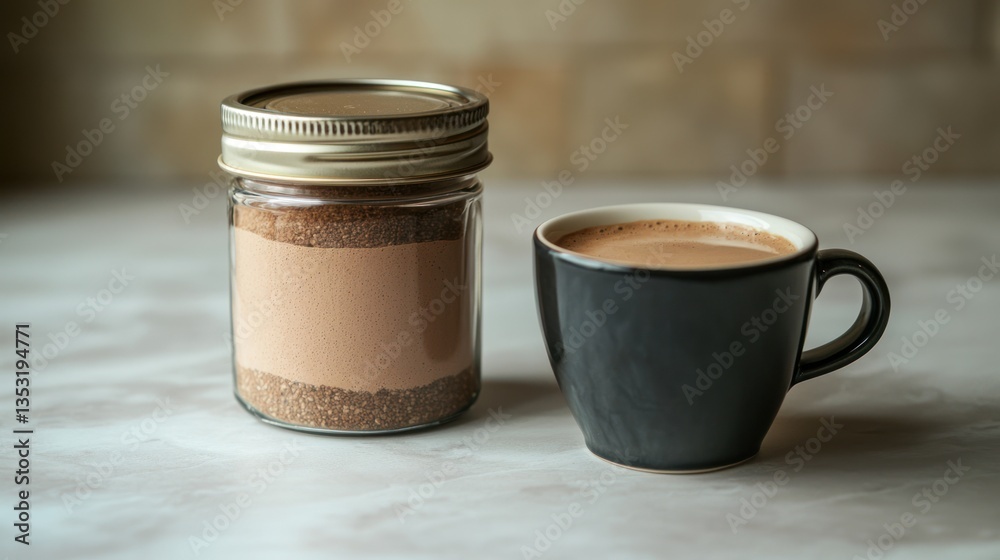 A close-up of a jar of instant coffee placed next to a freshly brewed cup.